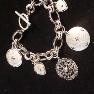 Blackened silver medallion & hearts  Charm Bracelet with toggle clasp sz 7.5